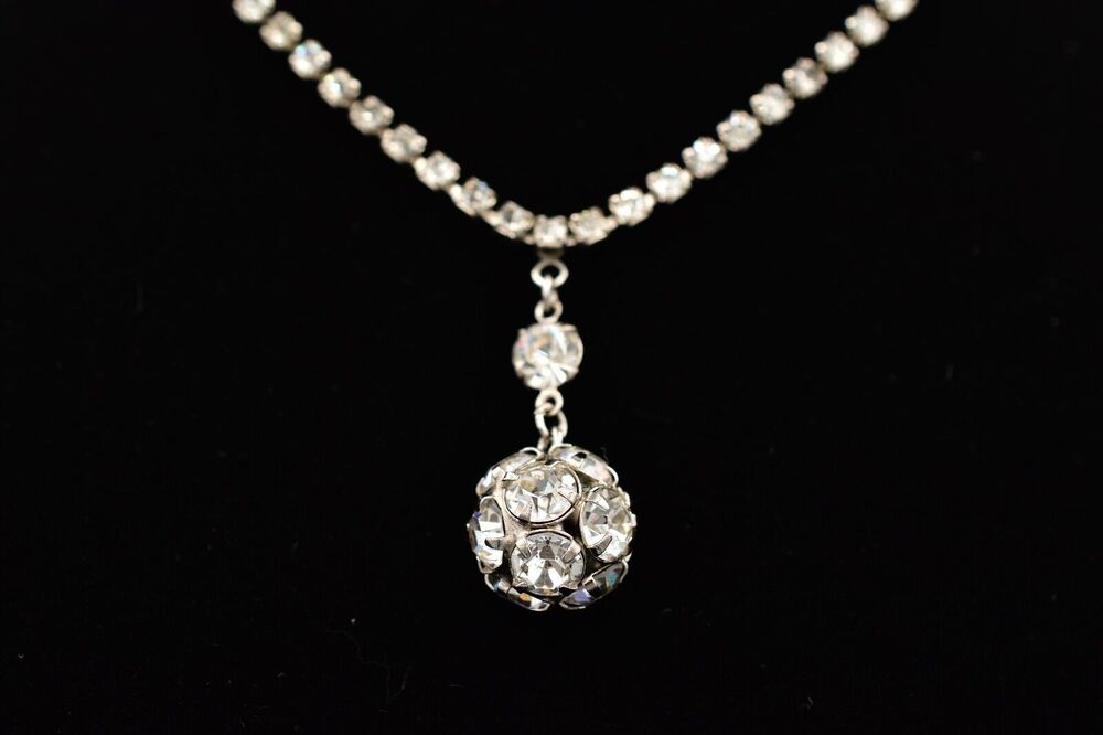Vintage Crystal Collar Necklace Rhinestone Ball Prong Silver Tone Shiny BinBC